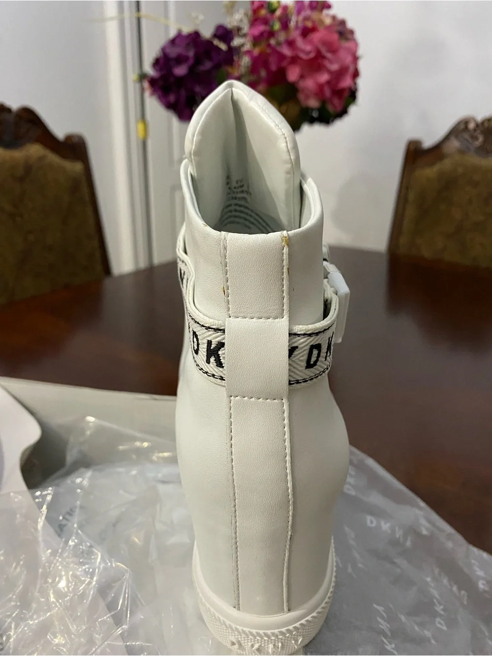 DKNY White Leather Wedge Sneaker Boot with Branded Strap